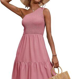 One-Shoulder Smocked Bodice Pink Maxi Dress